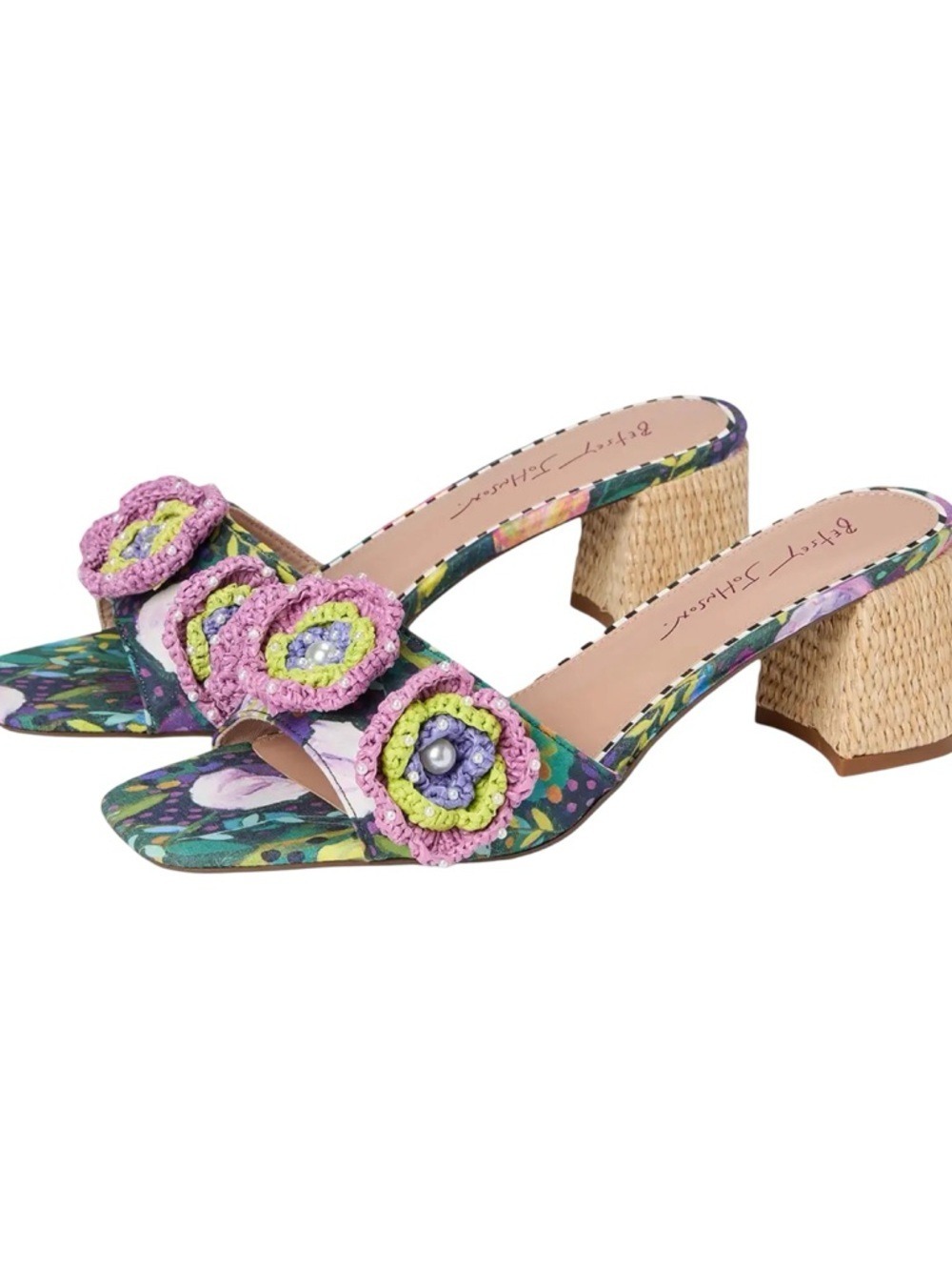 NWOB $99 Blue by Betsey Johnson - Dietrich Bright Floral Raffia Heel Slides - Picture 2 of 8